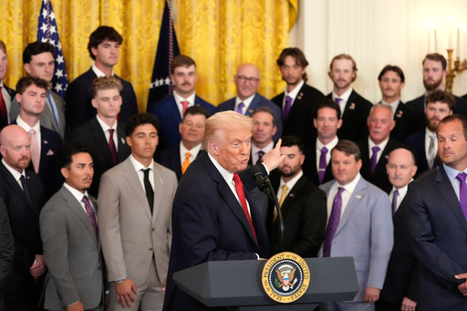 President Donald Trump speaks during an event to welcome the 2025 LSU and LSU-Shreveport national champion baseball teams in the East Room of the White House, Monday, Oct. 20, 2025, in Washington. (AP Photo/Alex Brandon) President Donald Trump speaks during an event to welcome the 2025 LSU and LSU-Shreveport national champion baseball teams in the East Room of the White House, Monday, Oct. 20, 2025, in Washington. (AP Photo/Alex Brandon)