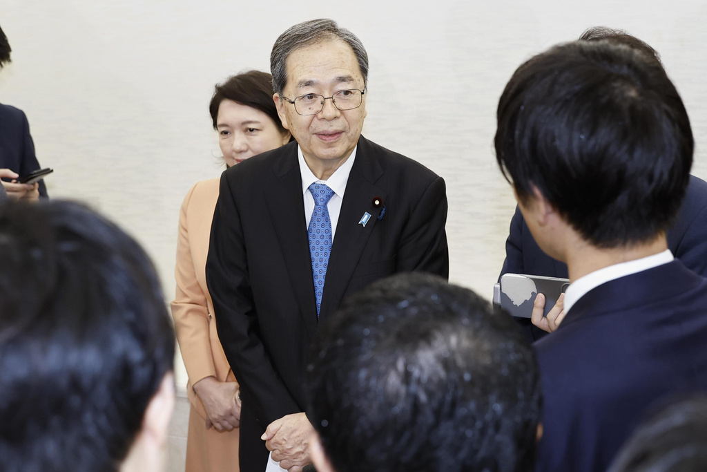 Tetsuo Saito, leader of Komeito, speaks to media after meeting newly-elected leader of the ruling Liberal Democratic Party Sanae Takaichi, on Oct. 4, 2025, in Tokyo. (Kyodo News via AP)