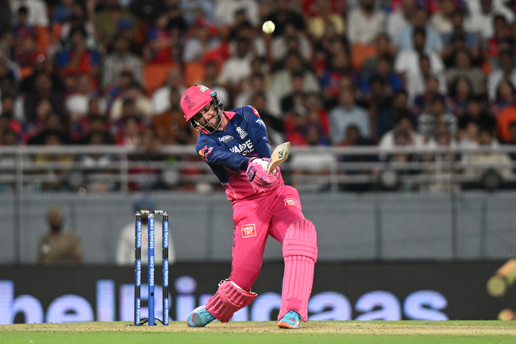 Rajasthan Royals' Donovan Ferreira hits a six during the Indian Premier League cricket match between Rajasthan Royals and Punjab Kings in New Chandigarh, India, Tuesday, April 28, 2026.(AP Photo)