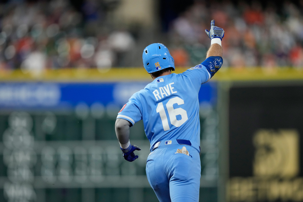 Kansas City Royals' John Rave celebrates after hitting a two-run home run against the Houston Astros during the fourth inning of a baseball game Wednesday, Sept. 16, 2026, in Houston. (AP Photo/David J. Phillip)