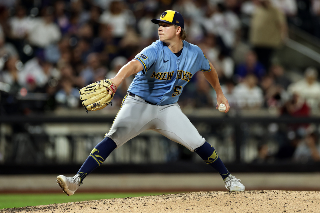 Milwaukee Brewers pitcher Kyle Harrison delivers a pitch during the fifth inning of a baseball game against the New York Mets on Tuesday, Aug. 25, 2026, in New York. (AP Photo/Adam Hunger)