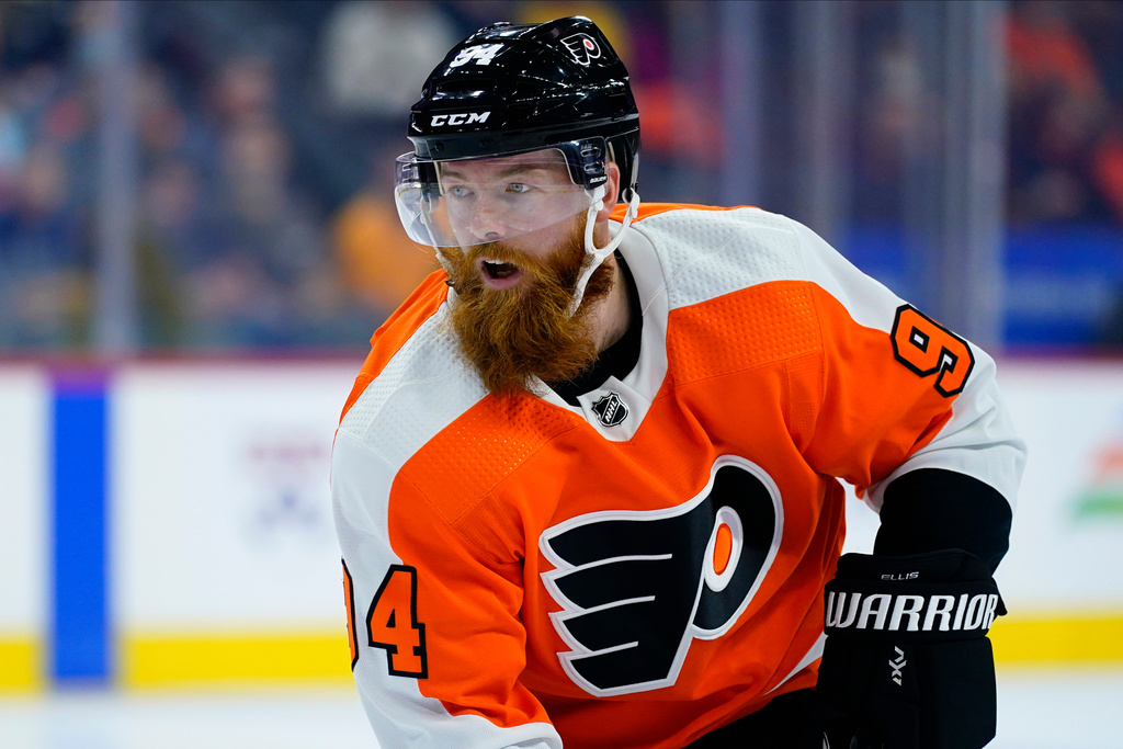 FILE - Philadelphia Flyers' Ryan Ellis plays during an NHL hockey game, Oct. 15, 2021, in Philadelphia. (AP Photo/Matt Slocum, File)