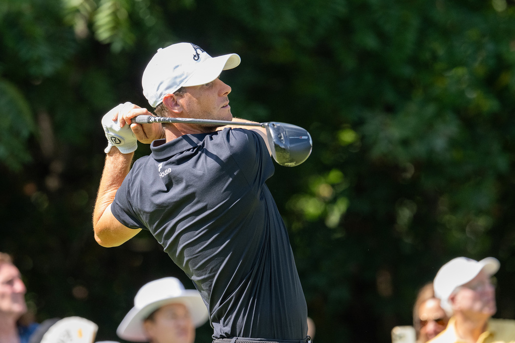 Thomas Pieters, of 4Aces GC, hits from the 10th tee during the final round of LIV Golf Indianapolis, Sunday, Aug. 23, 2026, in Westfield, Ind. (Montana Pritchard/LIV Golf via AP)