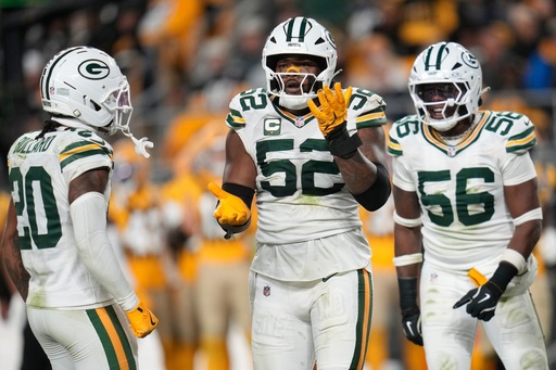 Green Bay Packers' Rashan Gary reacts after sacking Pittsburgh Steelers' Aaron Rodgers during the second half of an NFL football game Sunday, Oct. 26, 2025, in Pittsburgh. (AP Photo/Sue Ogrocki) Green Bay Packers' Rashan Gary reacts after sacking Pittsburgh Steelers' Aaron Rodgers during the second half of an NFL football game Sunday, Oct. 26, 2025, in Pittsburgh. (AP Photo/Sue Ogrocki)