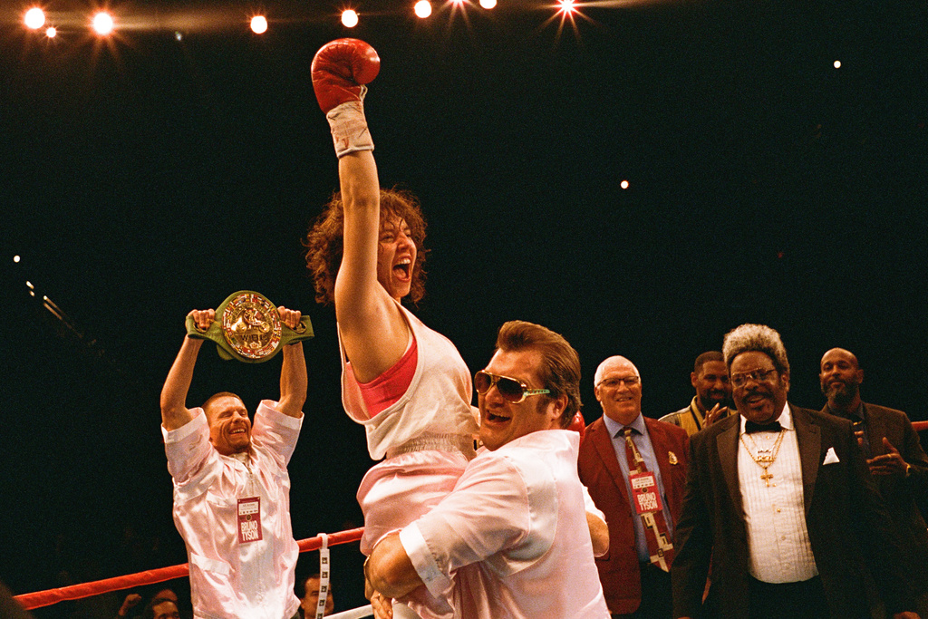 This image released by Black Bear shows Sydney Sweeney, center, in a scene from "Christy." (Eddy Chen/Black Bear via AP)