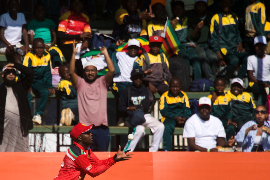 Zimbabwe's fielder Wessly Madhevere takes a catch during the third T20 cricket match between Zimbabwe and India in Harare, Zimbabwe, Sunday, July 26, 2026. (AP Photo/Wonder Mashura)