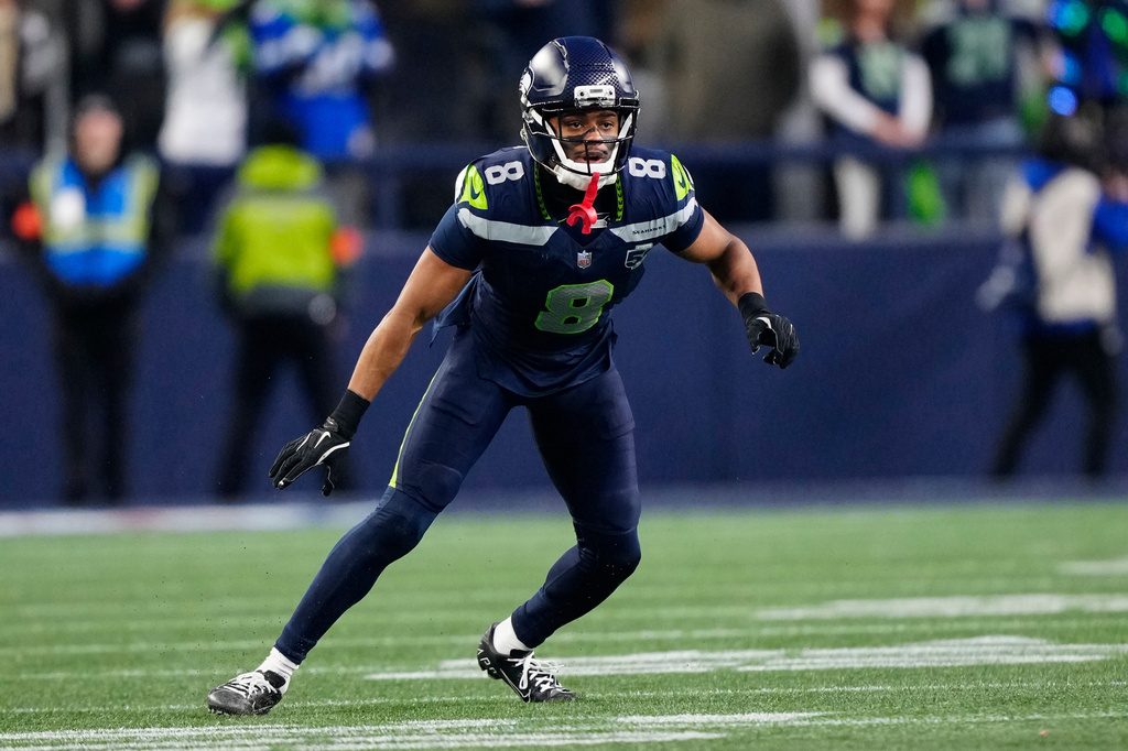 FILE - Seattle Seahawks safety Coby Bryant (8) gets set during the NFC Championship NFL football game, Jan. 25, 2026, in Seattle. (AP Photo/Ben VanHouten, File)