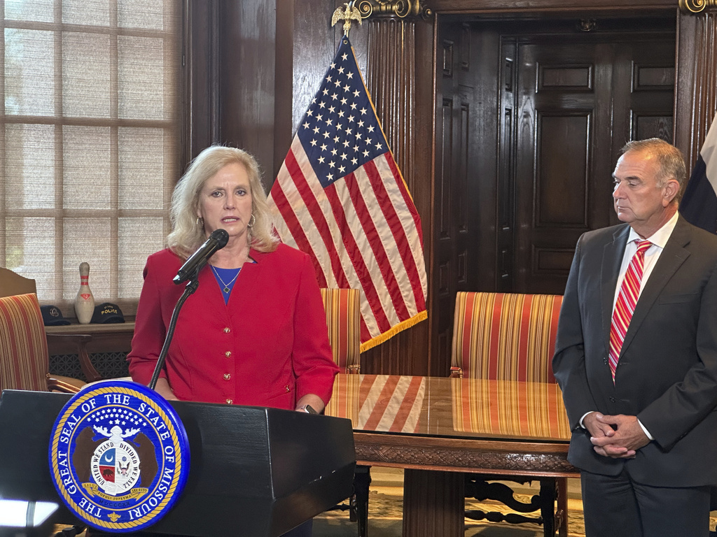 Former U.S. Attorney Catherine Hanaway speaks to reporters after Missouri Gov. Mike Kehoe announced her appointment as the state's next attorney general on Tuesday, Aug. 19, 2025, at the governor's Capitol office in Jefferson City, Mo. (AP Photo/David A. Lieb)