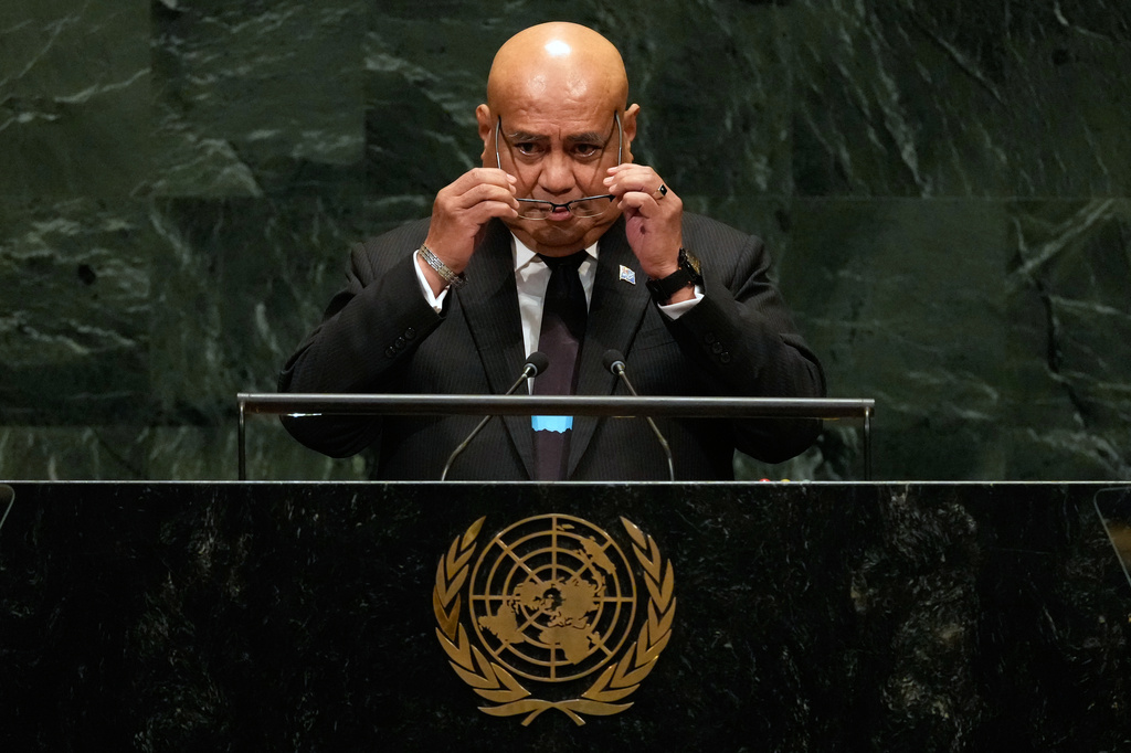 Tuvalu Prime Minister Feleti Teo prepares to speak during the 81st session of the United Nations General Assembly at United Nations headquarters, Friday, Sept. 25, 2026. (AP Photo/Seth Wenig)