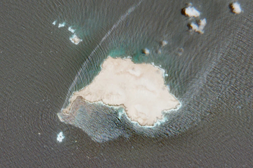 This satellite image released by European Space Agency shows oil leaking from a grounded U.K.-sanctioned tanker near Qibliyah Island off the coast of Oman, Tuesday, July 28, 2026. (European Space Agency via AP)