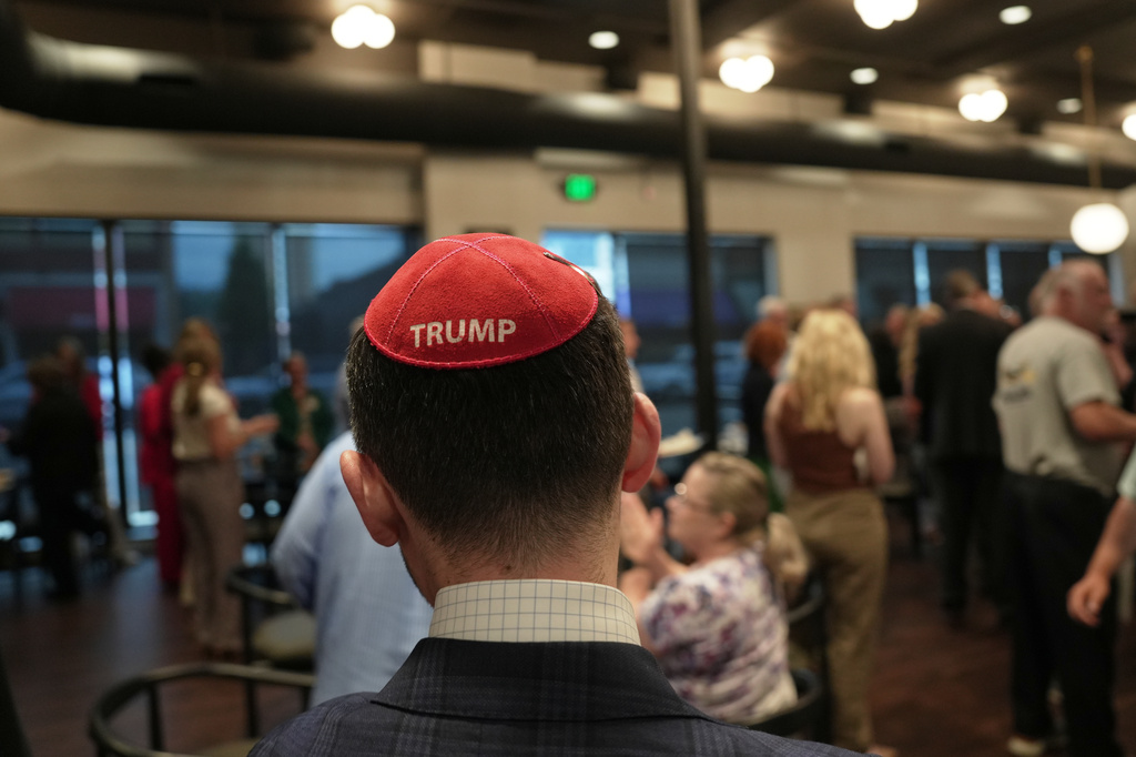 Republican Jewish Coalition National Political Director Sam Markstein wears a kippah reading "TRUMP" after Republican congressional candidate Ed Gallrein won the Republican party's nomination during an election night event Tuesday, May 19, 2026, in Covington, Ky. (AP Photo/Joshua A. Bickel)