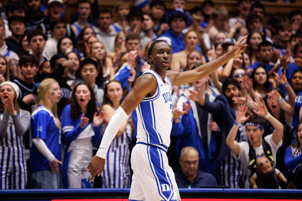 Duke's Dame Sarr (7) reacts to a play during the first half of an NCAA college basketball game against Wake Forest in Durham, N.C., Saturday, Jan. 24, 2026. (AP Photo/Ben McKeown)