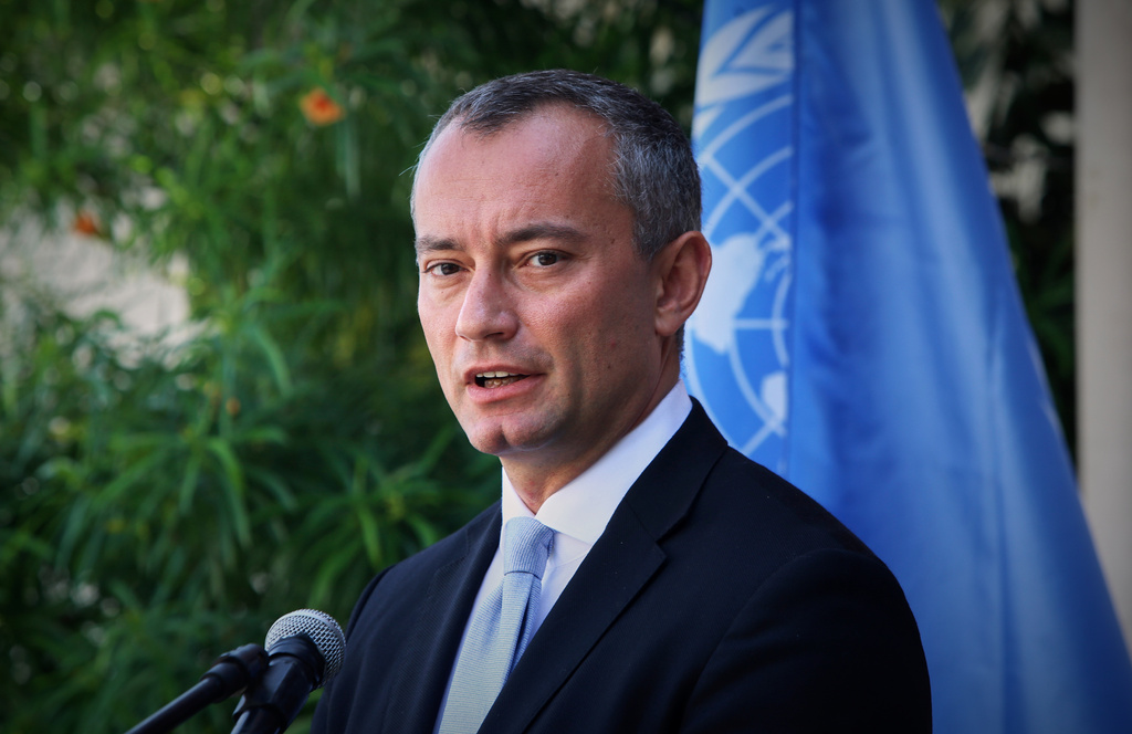 CORRECTED NAME SPELLING - FILE - United Nations Special Coordinator for the Middle East Peace Process Nickolay Mladenov attends a press conference at the (UNSCO) offices in Gaza City, Sept. 25, 2017. (AP Photo/Adel Hana, File)