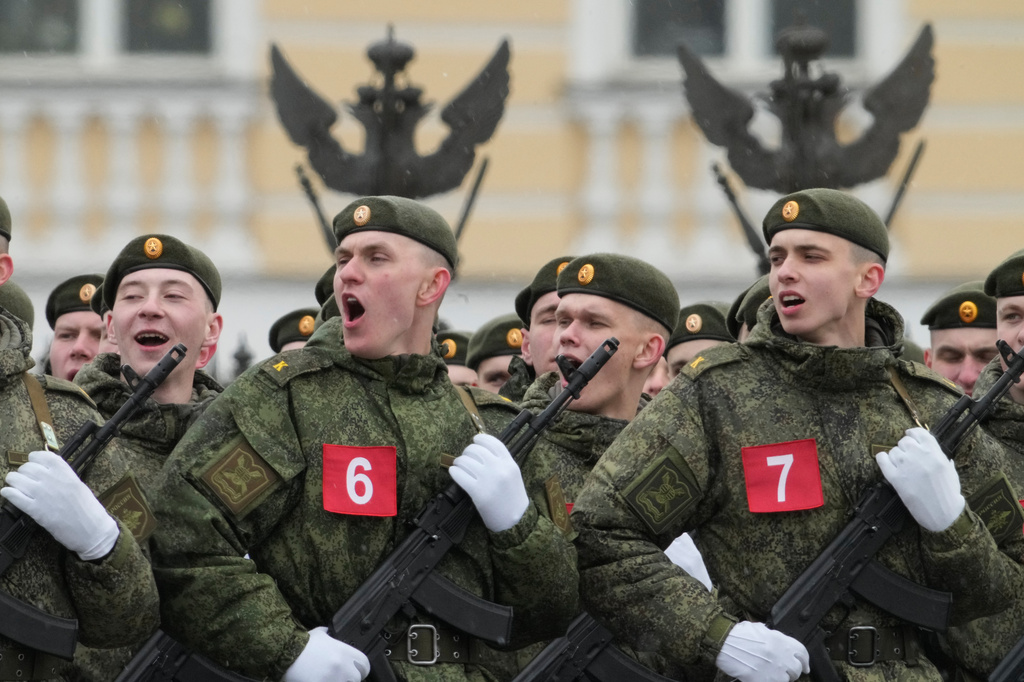 Troops attend a rehearsal for the Victory Day military parade at the Dvortsovaya (Palace) Square in St. Petersburg, Russia, Tuesday, April 28, 2026. (AP Photo/Dmitri Lovetsky)