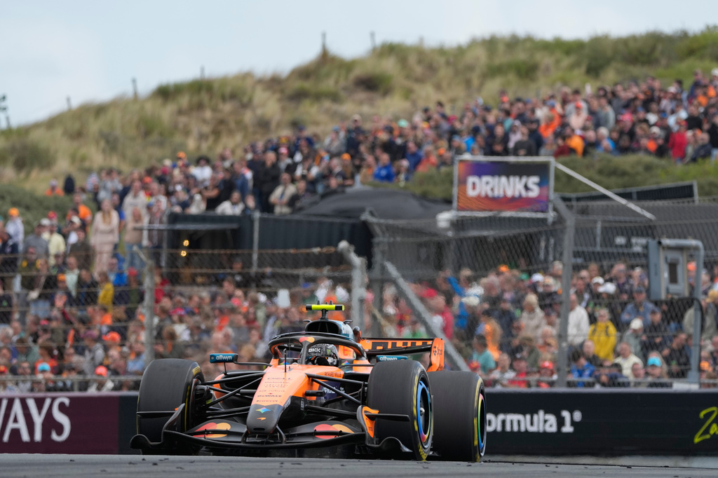 McLaren driver Lando Norris of Britain in action during sprint race at the Formula One Dutch Grand Prix in Zandvoort , Netherlands, Saturday, Aug. 22, 2026. (AP Photo/Darko Bandic)
