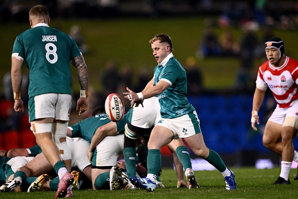 Craig Casey of Ireland kicks the ball during the Nations Championship rugby international between Japan and Ireland in Newcastle, Australia, Saturday, July 11, 2026. (Dan Himbrechts/AAP Image via AP)