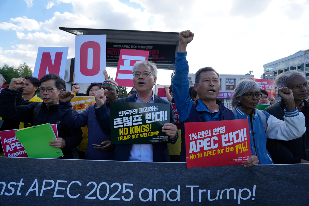 Protesters against the 2025 Asia-Pacific Economic Cooperation (APEC) and United States President Donald Trump gather in Gyeongju, South Korea, Saturday, Nov. 1, 2025. (AP Photo/Ng Han Guan)