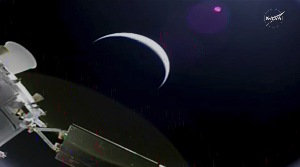 This image released by NASA on Thursday, April 2, 2026, shows NASA’s Orion spacecraft with Earth in the background. (NASA via AP)