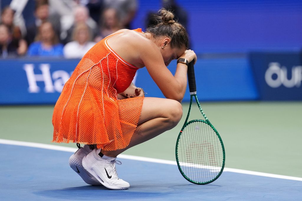 Aryna Sabalenka, of Belarus, reacts during the women's singles final of the U.S. Open tennis championships against Elena Rybakina, of Kazakhstan, Saturday, Sept. 12, 2026, in New York. (AP Photo/Kirsty Wigglesworth)