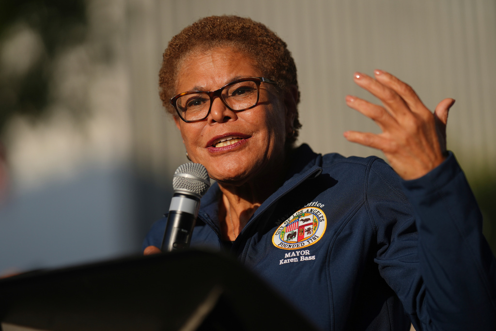 FILE - Mayor Karen Bass speaks at a vigil, June 10, 2025, in Los Angeles. (AP Photo/Eric Thayer, File)