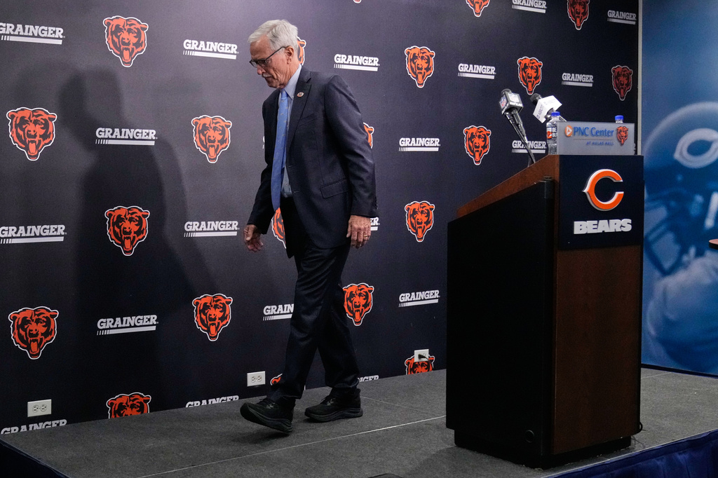 Chicago Bears Chairman George McCaskey leaves after a news conference Thursday, Aug. 13, 2026, in Lake Forest, Ill. (AP Photo/Nam Y. Huh)