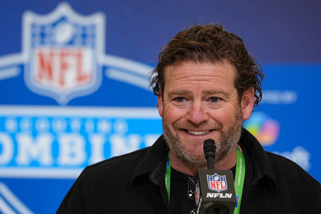 Seattle Seahawks general manager John Schneider speaks during a press conference at the NFL football scouting combine in Indianapolis, Tuesday, Feb. 24, 2026. (AP Photo/Michael Conroy)