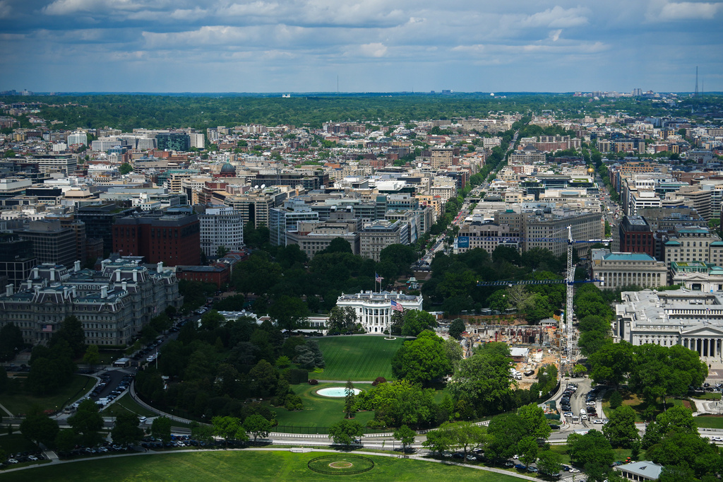 Construction on the new White House ballroom is seen from the Washington Monument, Monday, April 20, 2026, in Washington. (AP Photo/Julia Demaree Nikhinson)