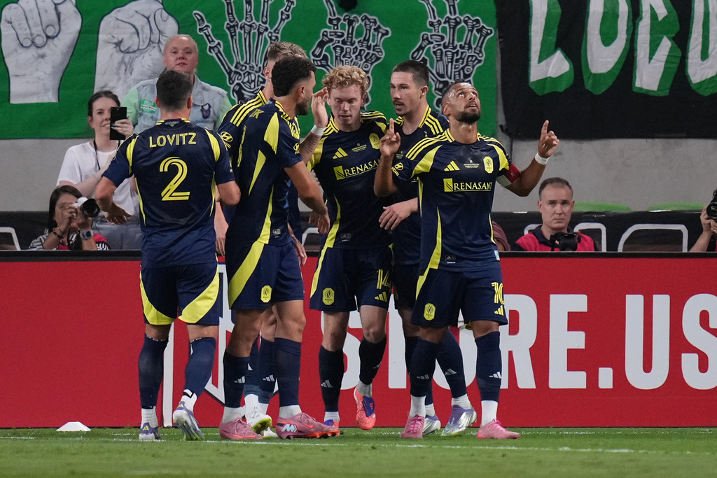 Nashville SC midfielder Hany Mukhtar (10) celebrates his goal against Austin FC during the first half of an U.S. Open Cup final soccer match in Austin, Texas, Wednesday, Oct. 1, 2025. (AP Photo/Eric Gay)