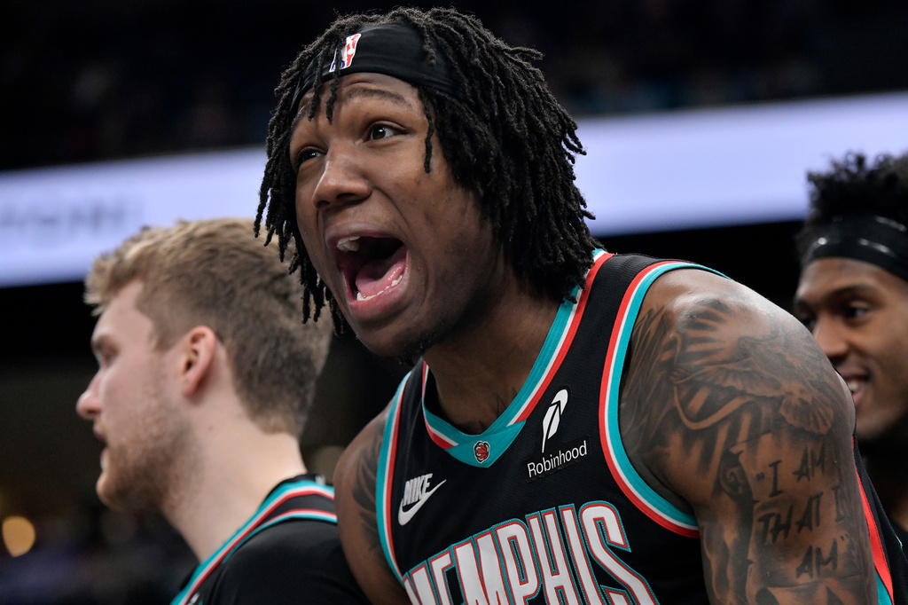 Memphis Grizzlies forward GG Jackson II, center, reacts in the second half of an NBA basketball game against the Cleveland Cavaliers, Monday, April 6, 2026, in Memphis, Tenn. (AP Photo/Brandon Dill)