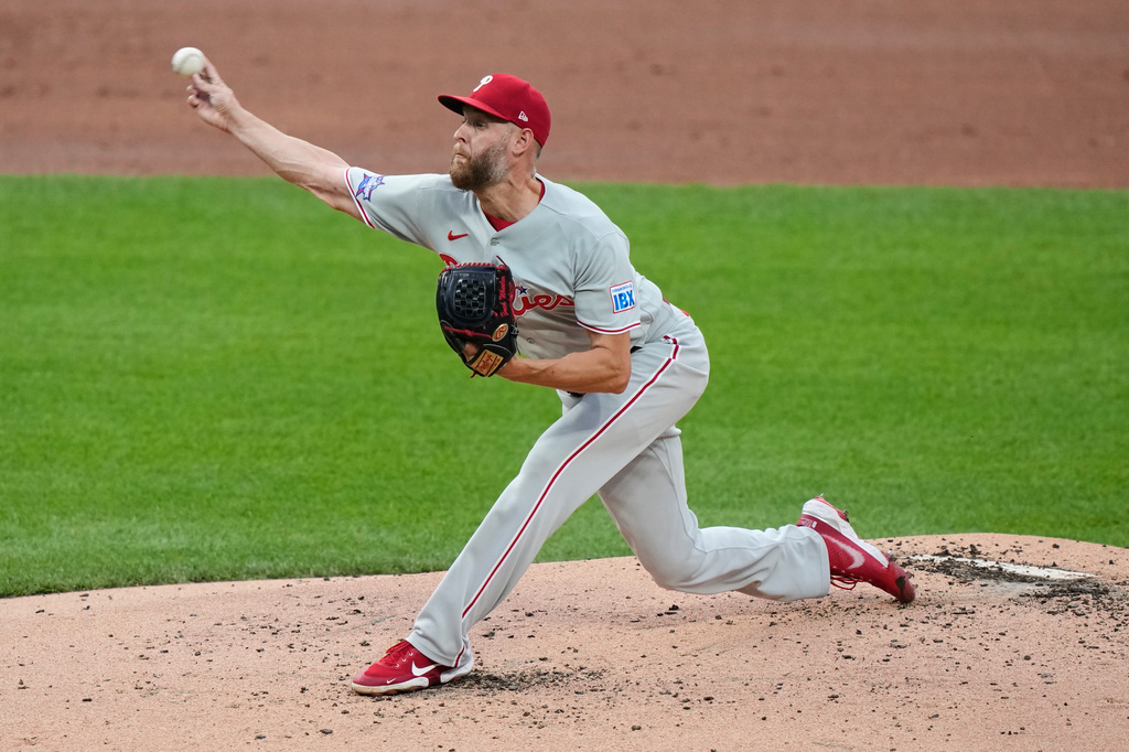 Philadelphia Phillies' Zack Wheeler pitches during the first inning of a baseball game against the New York Mets Friday, June 26, 2026, in New York. (AP Photo/Frank Franklin II)