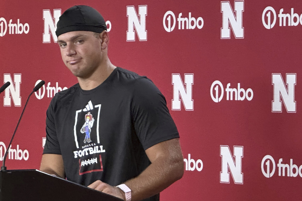 Nebraska quarterback Anthony Colandrea speaks with reporters in Lincoln, Neb., Aug. 4, 2026. (AP Photo/Eric Olson)