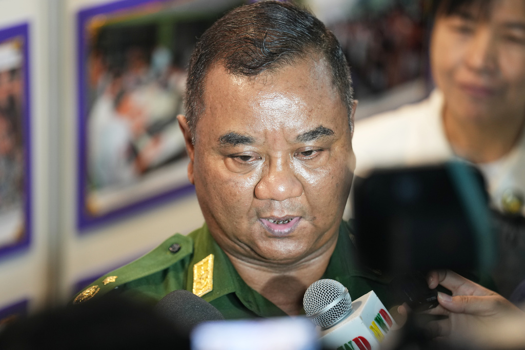 Major Gen. Zaw Min Tun, leader of the military information team, speaks after press briefing on national level efforts to completely eliminate online scams and dismantle their networks at the root, Sunday, Dec. 14, 2025, in Yangon, Myanmar. (AP Photo/Thein Zaw)