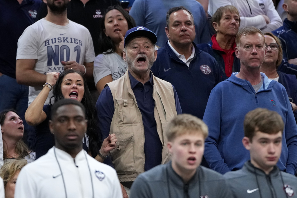 Bill Murray reacts during the first half between UConn and UCLA in the second round of the NCAA college basketball tournament, Sunday, March 22, 2026, in Philadelphia. (AP Photo/Matt Slocum)