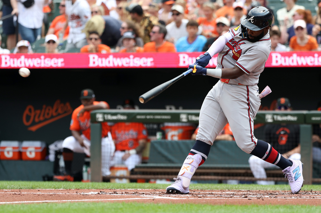 Atlanta Braves' Michael Harris II hits A single during the second inning of a baseball game against the Baltimore Orioles, Sunday, July 26, 2026, in Baltimore. (AP Photo/Daniel Kucin Jr.)