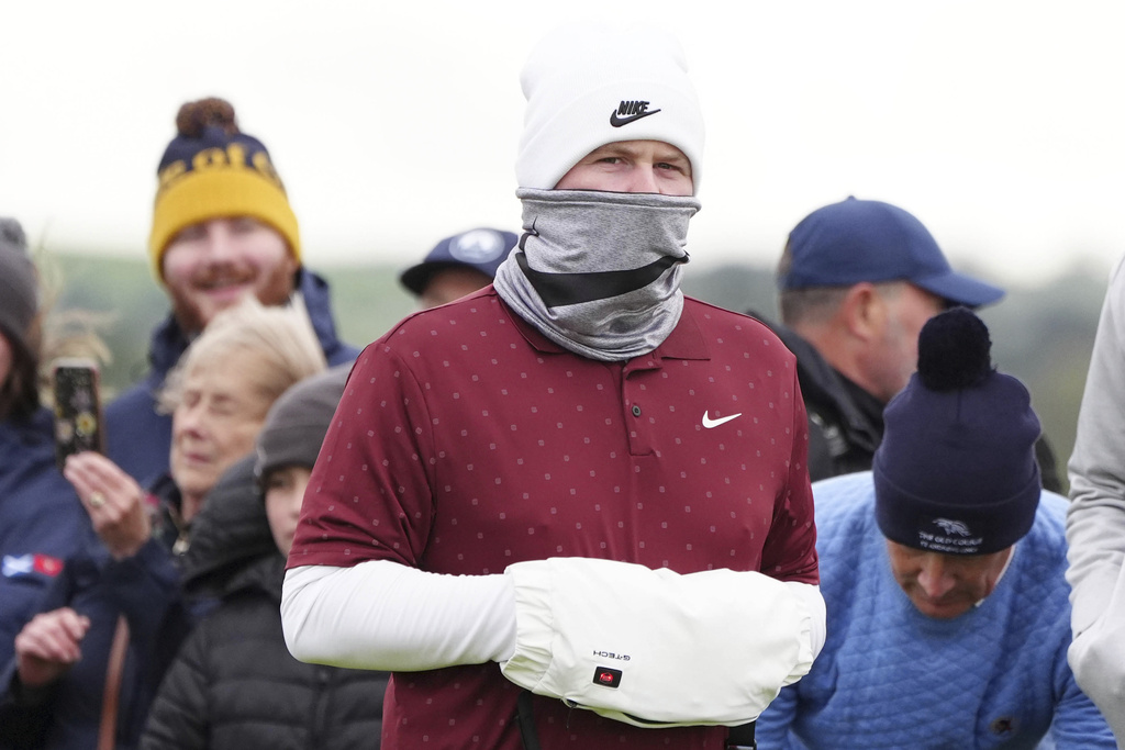Scotland's Robert McIntyre on the 7th tee during day three of the 2025 Alfred Dunhill Links Championship at the Old Course St. Andrews, Scotland, Saturday Oct. 4, 2025. (Jane Barlow/PA via AP)