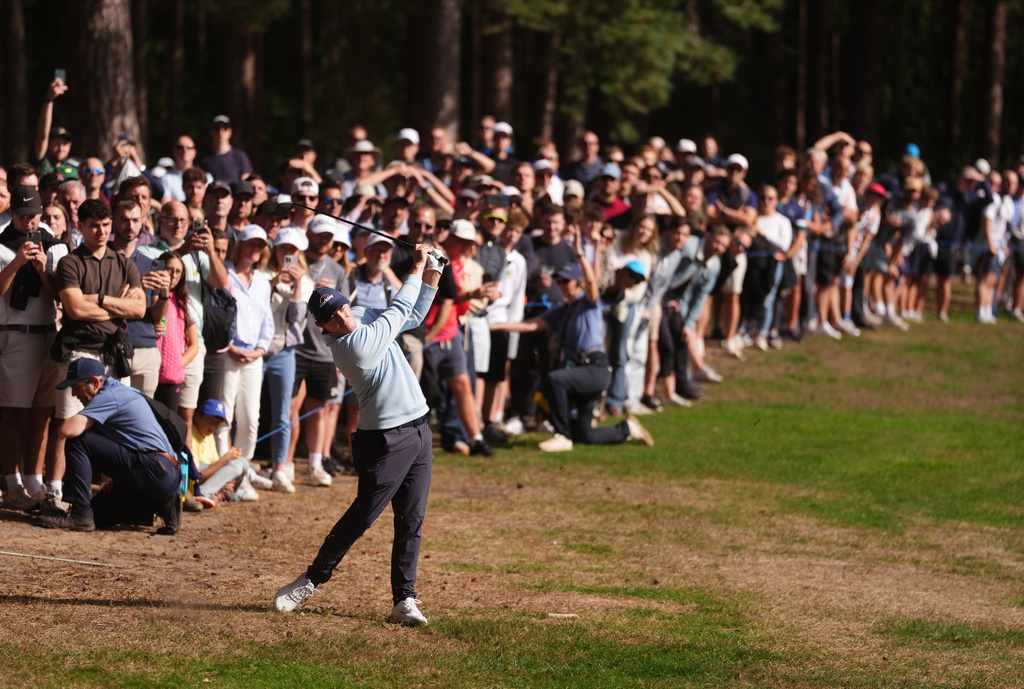 Matt Fitzpatrick of England on the 11th fairway on day four of the PGA Championship at Wentworth Golf Club in Virginia Water, England, Sunday Sept. 20, 2026. (Adam Davy/PA via AP)