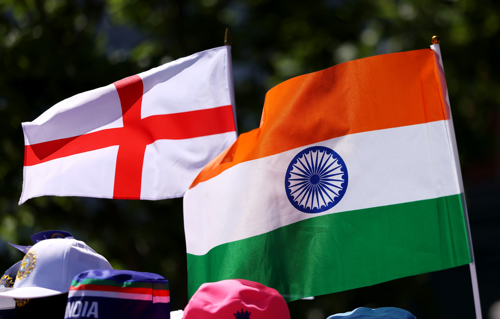 England and India flags on display ahead of the fourth Vitality IT20 match at the Seat Unique Stadium in Bristol, England, on Thursday July 9, 2026. (Steven Paston/PA via AP)
