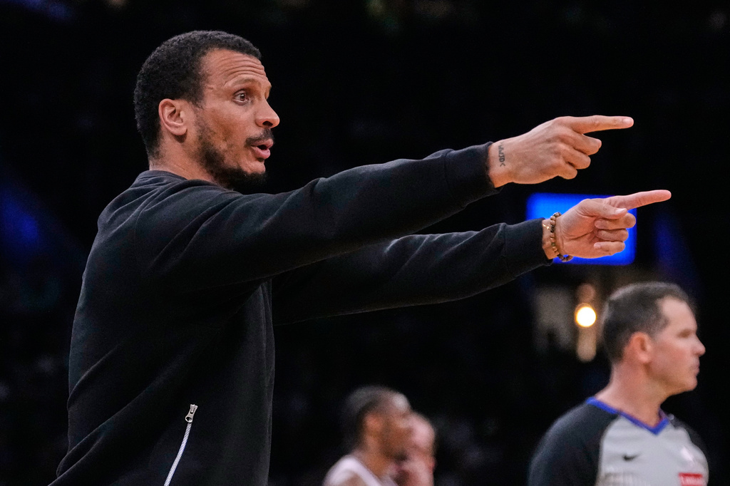 Boston Celtics head coach Joe Mazzulla calls to his players during the first half of Game 5 of a first-round NBA playoffs basketball series against the Philadelphia 76ers, Tuesday, April 28, 2026, in Boston. (AP Photo/Charles Krupa)
