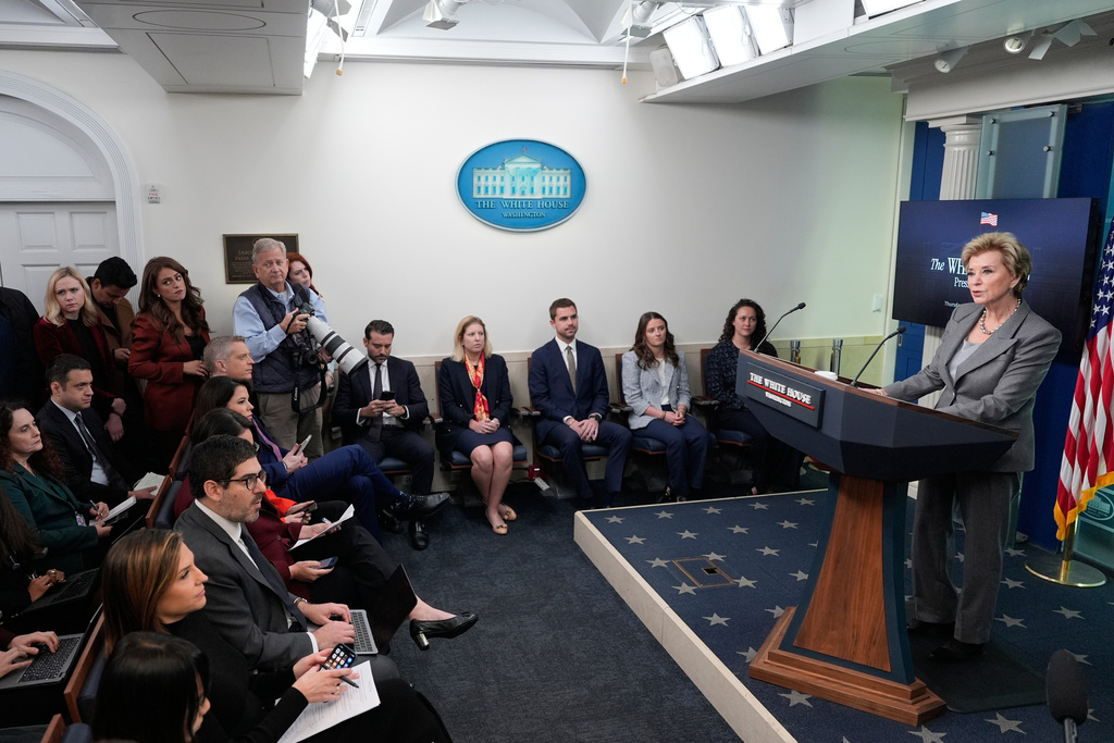 Education Secretary Linda McMahon speaks with reporters in the James Brady Press Briefing Room at the White House, Thursday, Nov. 20, 2025, in Washington. (AP Photo/Alex Brandon)