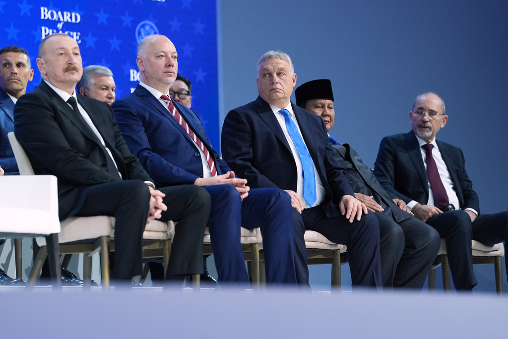 From right, Ayman Al Safadi, Deputy PM of of Jordan, Prabowo Subinato, President of Indonesia, Hungary's Prime Minister Viktor Orban, Bulgaria's Prime Minister Rossen Jeliazkov and Ilham Aliyev, President attend a Board of Peace charter announcement during the Annual Meeting of the World Economic Forum in Davos, Switzerland, Thursday, Jan. 22, 2026. (AP Photo/Evan Vucci)