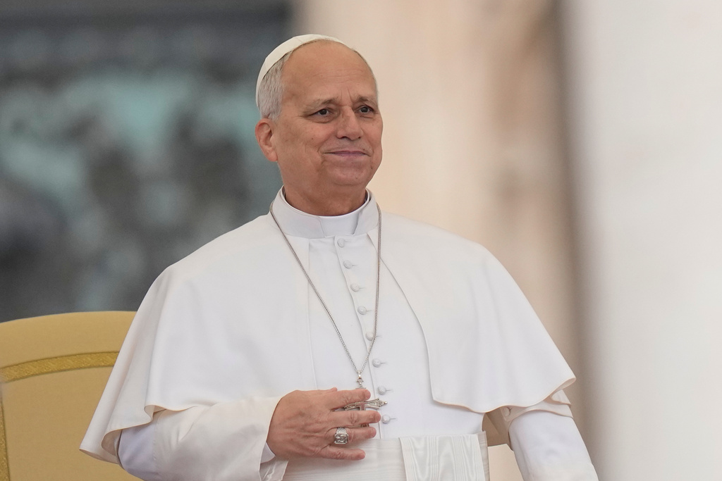 Pope Leo XIV holds his weekly general audience in St. Peter's Square, at the Vatican, Wednesday, March 4, 2026. (AP Photo/Alessandra Tarantino)