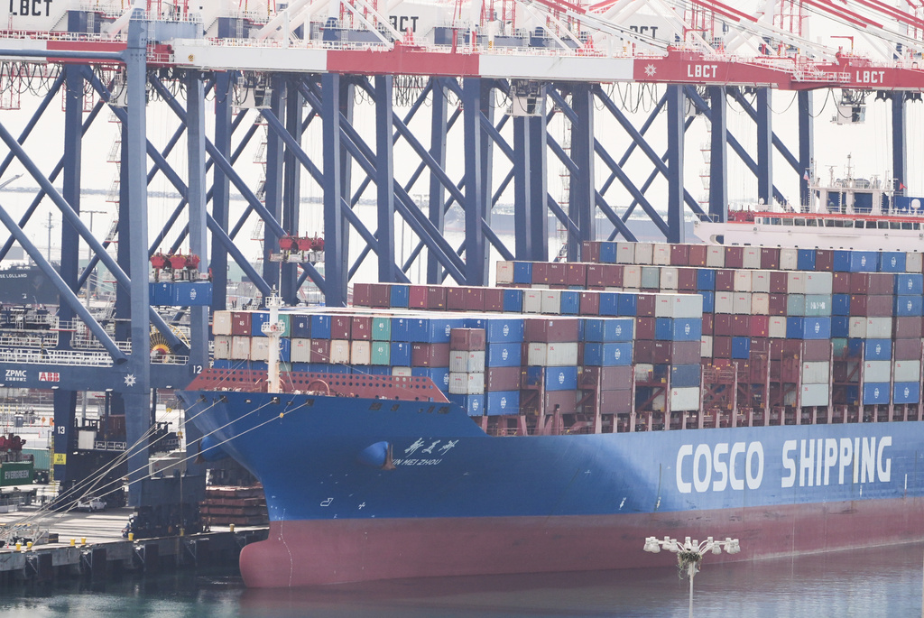 A ship is docked at the Port of Long Beach Friday, Feb. 20, 2026, in Long Beach, Calif. (AP Photo/Damian Dovarganes)