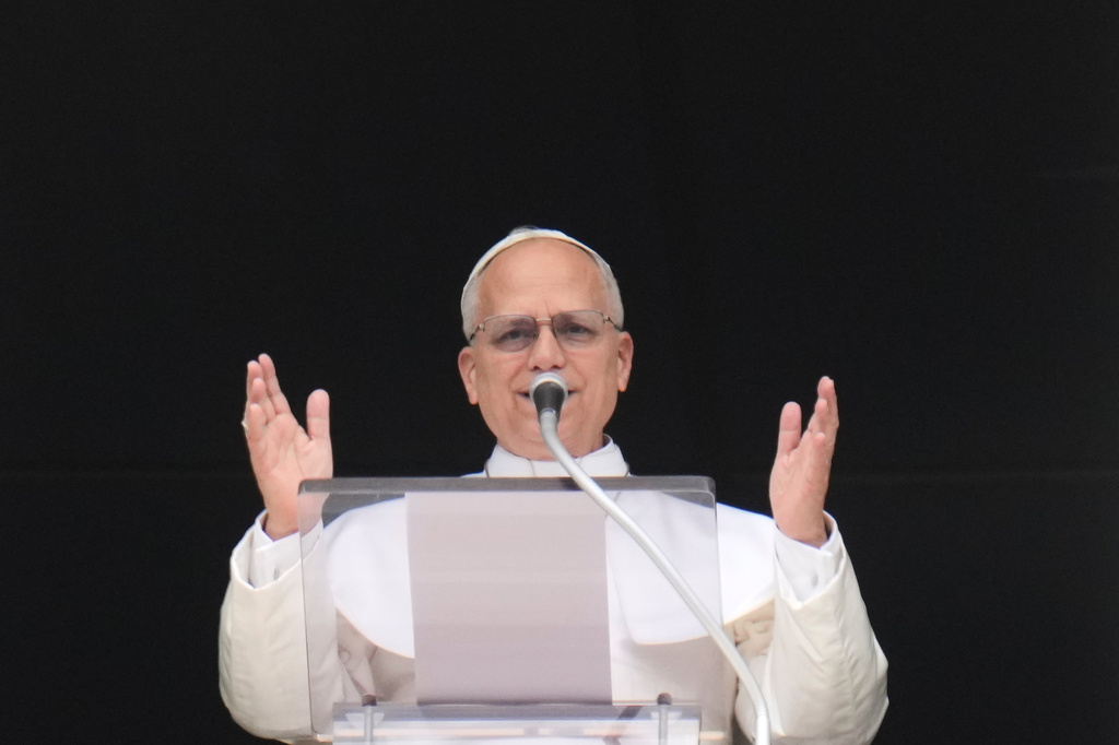 Pope Leo XIV delivers the Regina Coeli prayer in St. Peter's Square at the Vatican, Sunday, April 12, 2026. (AP Photo/Gregorio Borgia)
