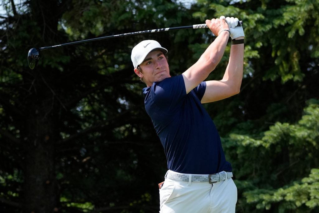 Ben James hits from the second tee during the first round of the 3M Open golf tournament at the Tournament Players Club Thursday, July 23, 2026, in Blaine, Minn. (AP Photo/Bruce Kluckhohn)