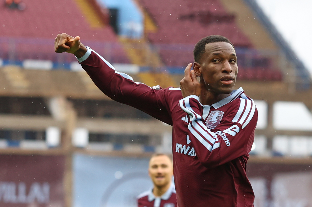 Aston Villa's Nicolas Jackson celebrates after scoring his side's opening goal during the English Premier League soccer match between Aston Villa and Manchester City in Birmingham, England, Saturday, Oct. 24, 2026. (AP Photo/Morgan Harlow)