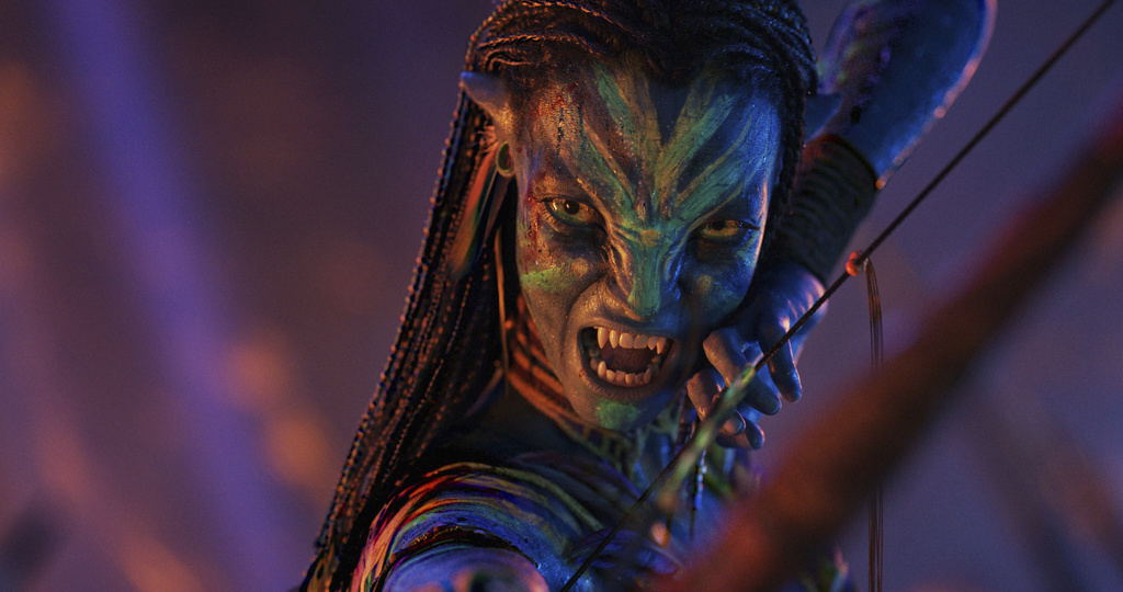 This image released by Disney shows Neytiri, performed by Zoe Saldana, in a scene from "Avatar: Fire and Ash." (20th Century Studios via AP)