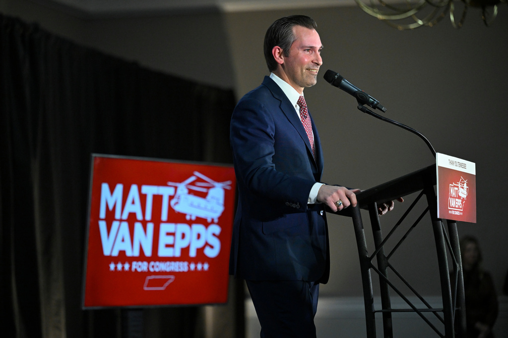 Republican candidate Matt Van Epps speaks to supporters at a watch party after announcing victory in a special election for the U.S. seventh congressional district, Tuesday, Dec. 2, 2025, in Nashville, Tenn. (AP Photo/John Amis)
