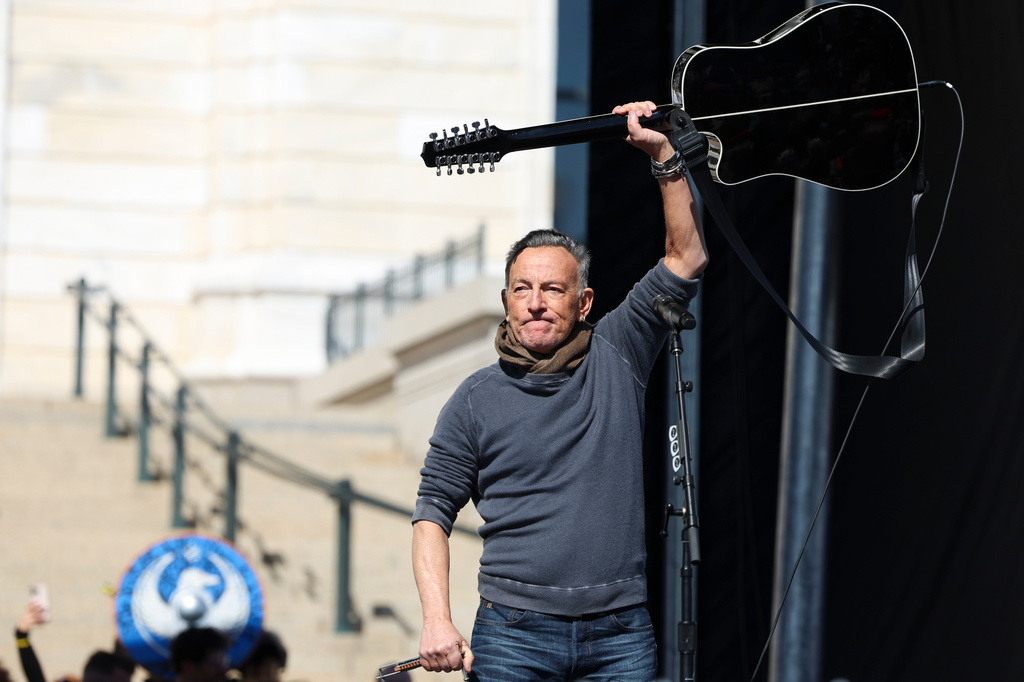 Bruce Springsteen performs during the "No Kings" march in St. Paul, Minn., on Saturday, March 28, 2026. (Ellen Schmidt/MinnPost via AP)
