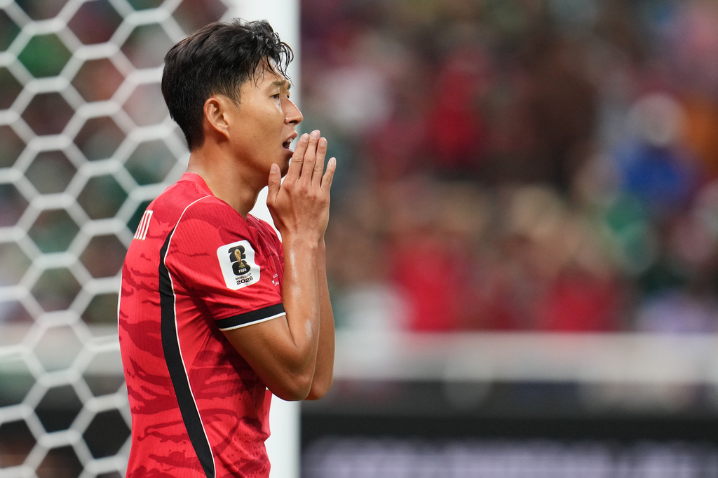 South Korea's Son Heung-min reacts during the World Cup Group A soccer match between South Korea and Czechia in Zapopan, near Guadalajara, Mexico, Thursday, June 11, 2026. (AP Photo/Matias Delacroix)