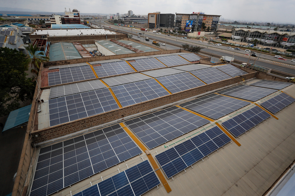 FILE - Solar panels are seen on the roof of a company in Nairobi, Kenya, on Sept. 1, 2023. (AP Photo/Brian Inganga, File)